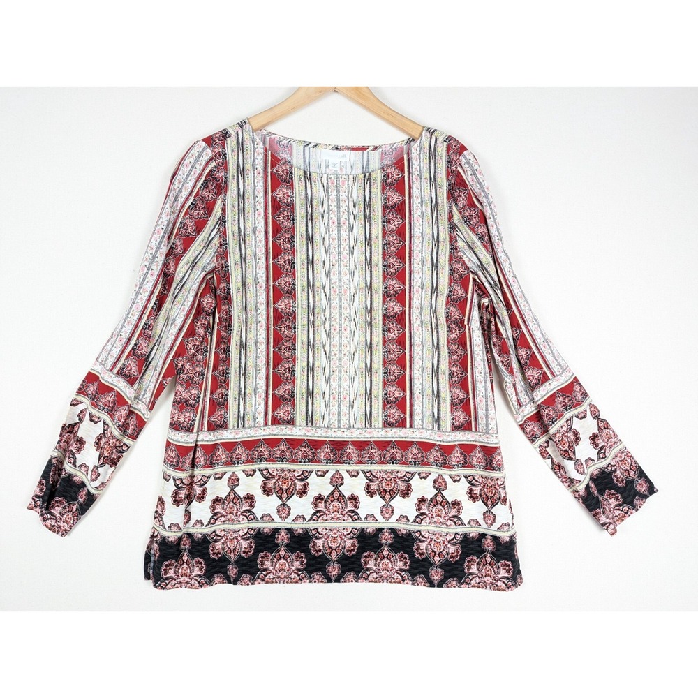 J Jill Top Women Med Petite Floral Striped Long Sleeve Lightweight Casual Tunic